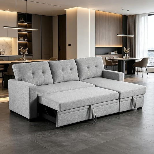 ERYE 82-Inch L-Shaped Pull Out Sleeper Couch Bed, Modern Reversible Sleeper Sectional Sofa Linen Blend Tufted Upholstered Corner Convertible Sofa Bed with Storage Chaise