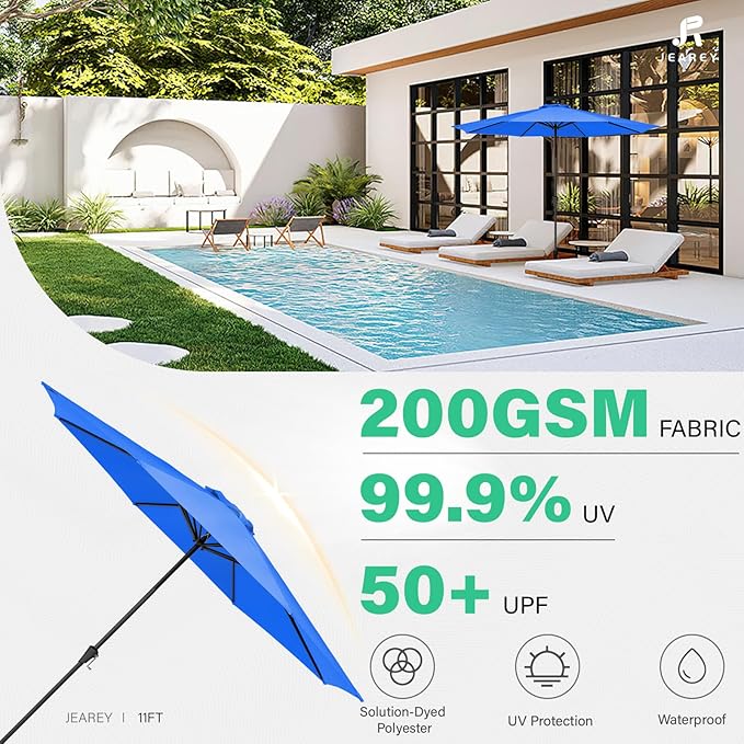 JEAREY 11' Patio Umbrellas Outdoor Table Market Umbrella w/Crank, 8 Sturdy Ribs, UV Protection Windproof for Garden, Deck, Backyard, Pool(Royal Blue)