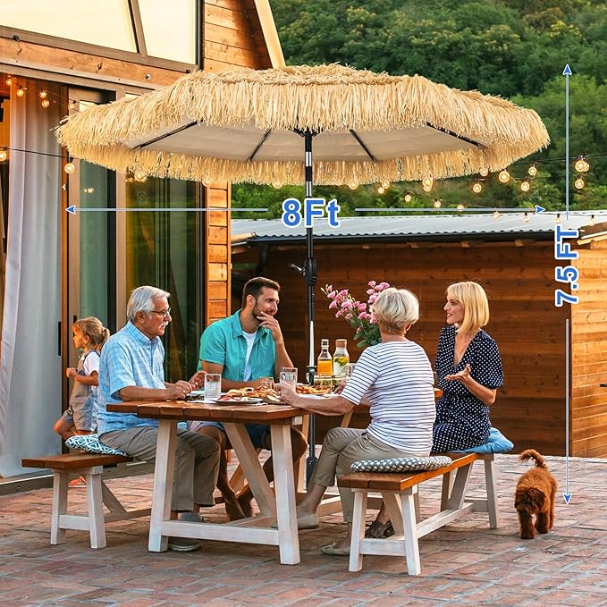 8FT Tiki Umbrella, Umbrella Outdoor Patio UV-Stability, Hawaiian Style Outdoor Umbrellas for Patio 8 large Ribs, Thatched umbrellas with Push Button Tilt and Crank Lift for Tiki Bar, Pool, Beach, Natural