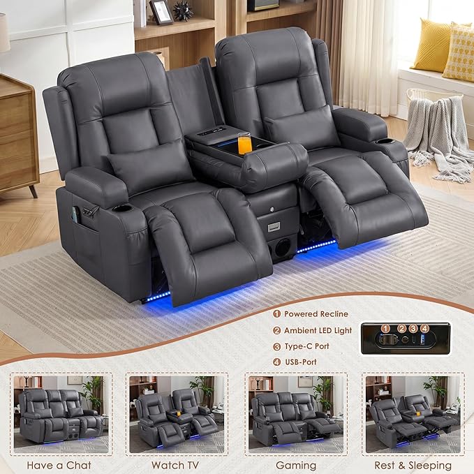 TUNYI Wall Hugger Loveseat Recliner Sofa with Console, Power Reclining Loveseat RV Couch with Massage & Heat/USB/Outlet/Storage/LED Light/Speaker (Light Grey, 2 Seat with Console)