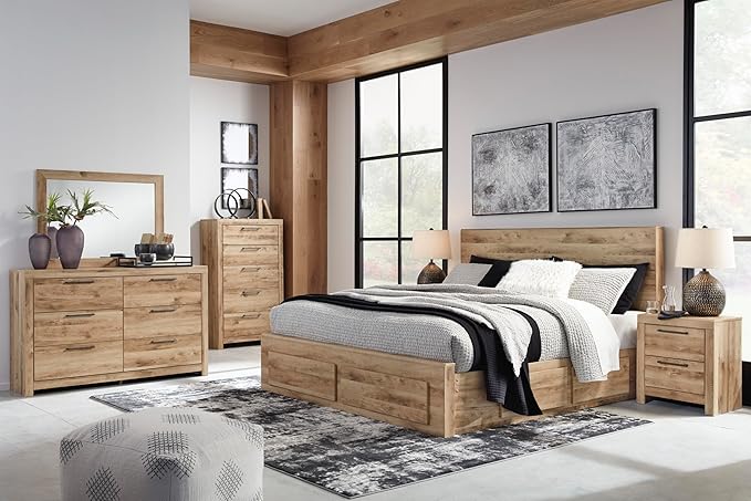 Signature Design by Ashley Hyanna Rustic Contemporary 2 Drawer Nightstand with 2 USB Charging Ports, Wood, 24.37" High, Light Golden Brown Finish