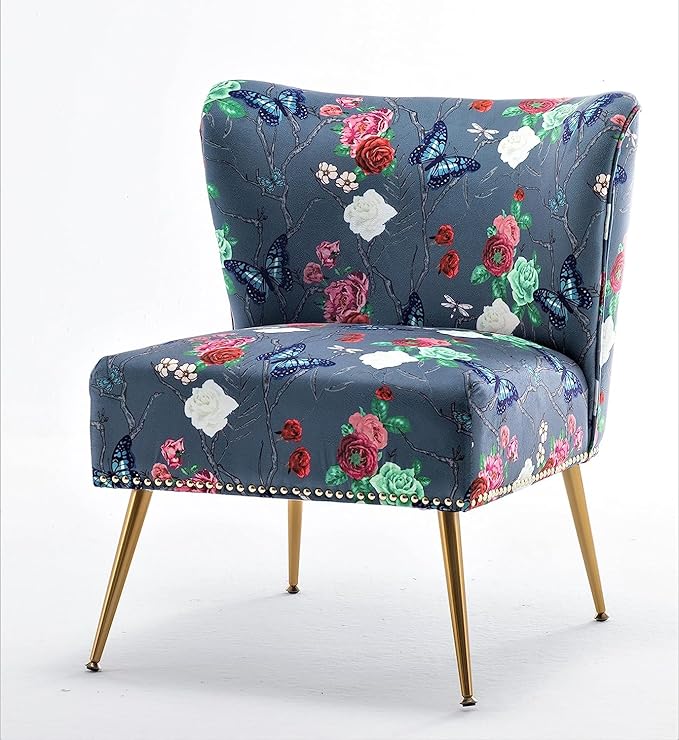 Thia Armless Accent Chair for Living Room, Elegant Seat with Nailhead Trim, Gold Metal Legs and Comfortable Curved Back, 28" D x 25" W x 29.5" H, 07 Floral Print
