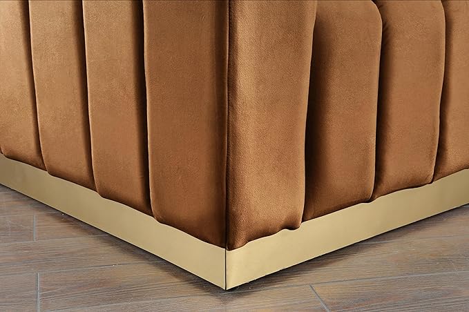 Meridian Furniture 603Saddle-L Marlon Collection Modern | Contemporary Velvet Upholstered Loveseat with Deep Channlel Tufting and Brushed Gold Finish, Saddle, 62.5" W x 34" D x 28" H