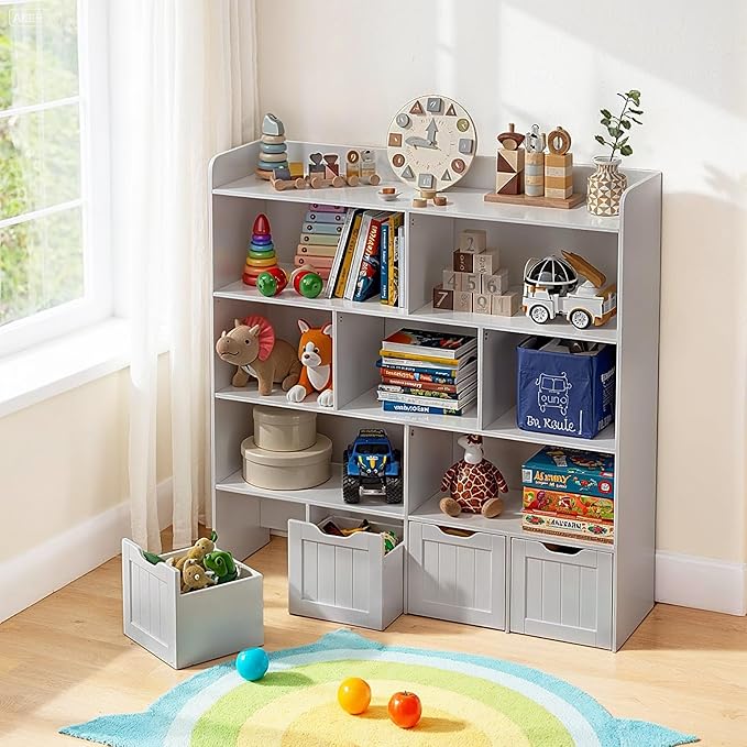 Gizoon Toy Storage Cabinet and Kids Bookcase with 4 Movable Drawers and 8 Open Shelves Toy Chest Shelf Organizer with Hidden Wheels for Playroom Nursery Kids Room, Grey
