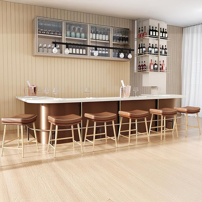 MOLAL Bar Stools Set of 6, Counter Height Bar Stools with Thick PU Leather Saddle Seat & Sturdy Metal Frame Legs,Backless Bar Stools for Kitchen Island Dining Cafe,Brown
