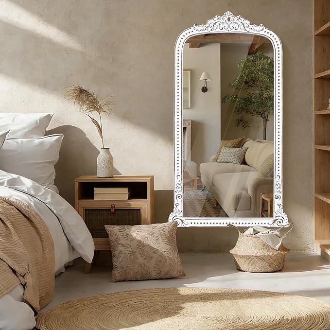 Full Length Wooden Mirror: 47x27 Inch Baroque Antique Floor Mirror - Ornate Long Body Mirrors Home Decor for Wall, Dressing Room, Bedroom, Cloakroom, Entryway