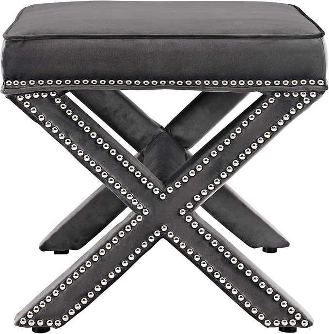 Modway Rivet Upholstered Velvet X-Base Ottoman With Nailhead Trim In Gray