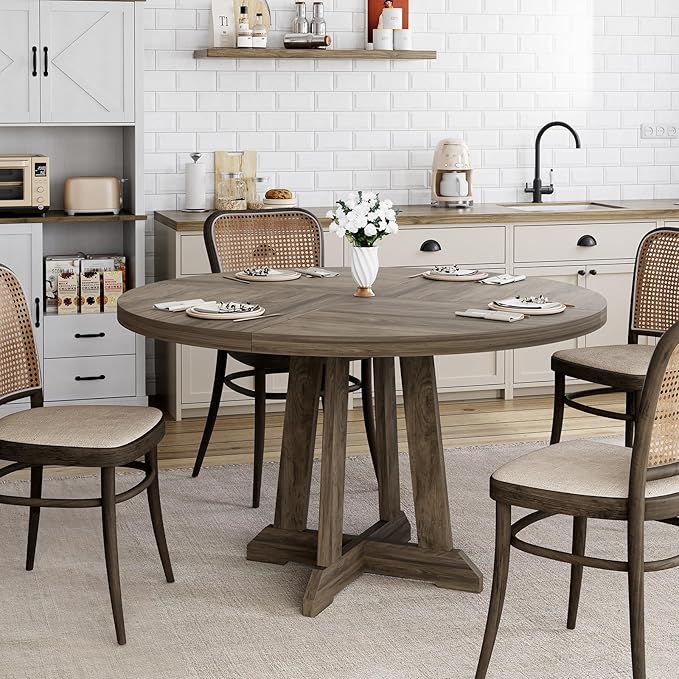 IDEALHOUSE Round Dining Table for 4, 47 Inches Dining Room Table with Wooden Base, Kitchen Table with Circle Tabletop, Dinner Table for Dining Room, Kitchen, Living Room, Grey