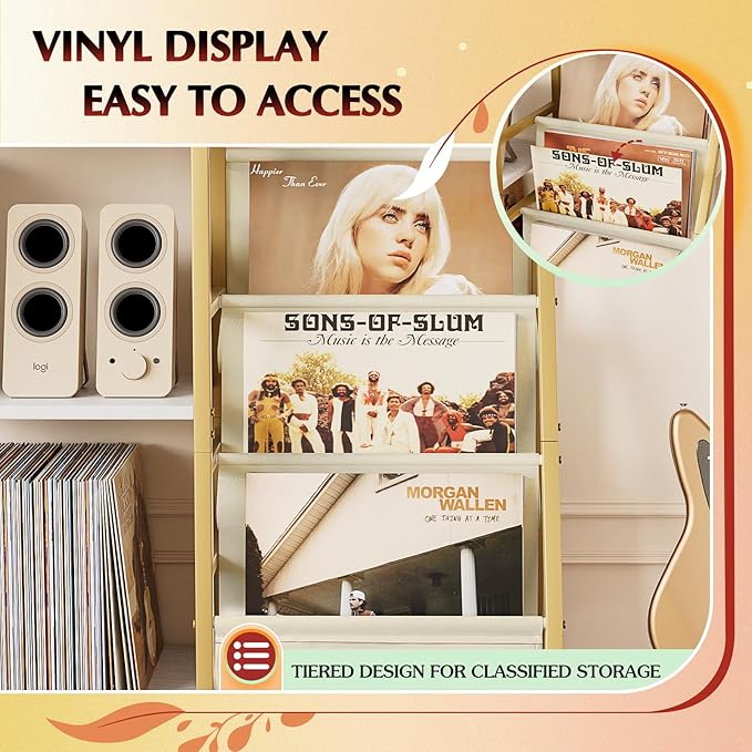 Record Player Stand, Turntable Stand with 3-Tier Vinyl Record Storage, Record Player Table 200 Albums, End Table with Vinyl Display Holder Shelf, Record Player Cabinet Media Console for Stereo,Gold