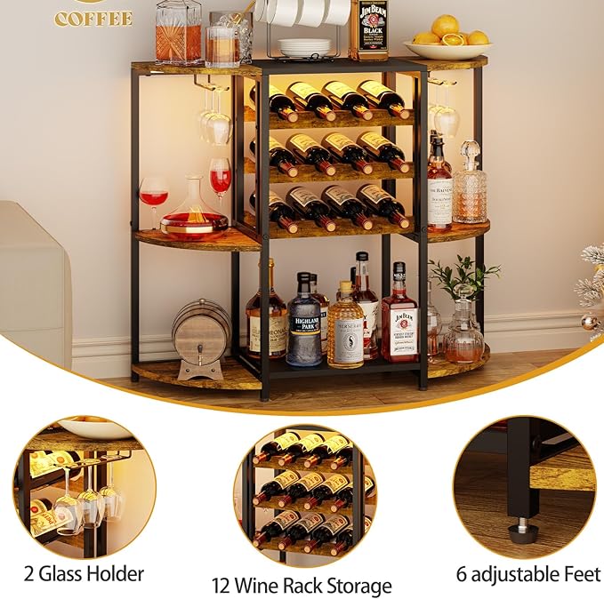 JKsmart Small Wine Bar Cabinet with LED Lights, Mini Wine Rack with Storage and Glass Holder, Home Bar Cart for Liquor, 3-Tier Bar Table for Kitchen, Dining Room, Living Room, Rustic Brown