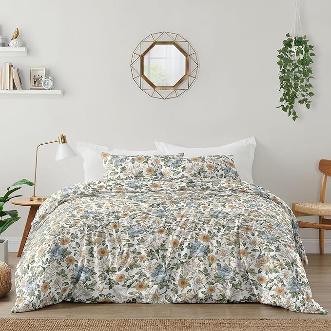 Sweet Jojo Designs Vintage Floral Blue Yellow Girl Full Queen Bedding Set Kids Comforter Childrens Size - 3pcs - Slate Green Gold Orange Taupe Beige Shabby Chic Rose Flower Boho Bohemian Farmhouse