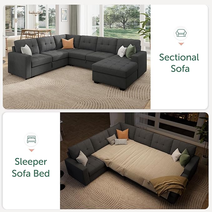 HONBAY Sectional Sleeper Sofa Pull Out Bed with Storage Chaise, Sleeper Sectional Sofa Couch, Sectional Sleeper Bed for Living Room, Dark Grey