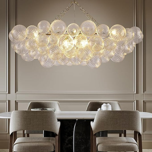 51" Large Gold Bubble Chandelier, 9-Light Modern Hand Blown Glass Chandelier Light Fixture, Rectangle Chandeliers for Dining Room Living Room Kitchen Island Foyer Entryway(Brush Brass Finish)