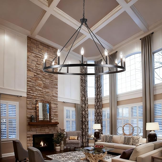 Black Wagon Wheel Chandelier 38 inch,12-Light Farmhouse Wagon Wheel Chandeliers Round Industrial Ceiling Rustic Country Light fixtures for Outdoor Porch high Ceilings Living Dining Room Foyer Entryway