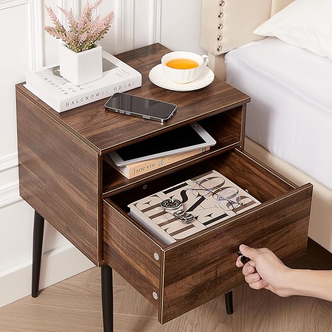 VECELO Night Stand for Bedroom Set of 2,Modern Solid Wood Nightstand with Storage Shelf and Drawer, Bedside Table End Table for Living Room,Bedroom,Entryway,Easy Assembly,Brown