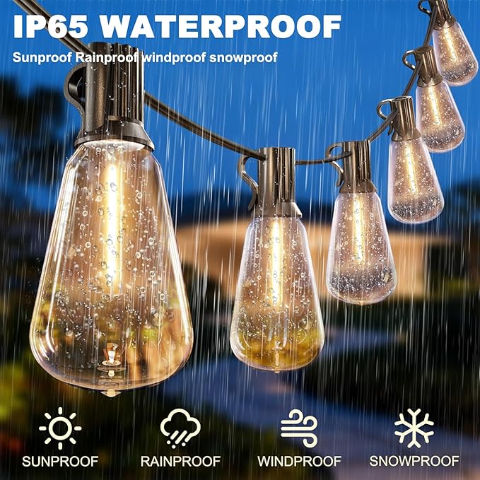 50FT Outdoor String Lights - 32+3 Bulbs (𝟏.𝟓𝐅𝐓 𝐁𝐮𝐥𝐛𝐬 𝐒𝐩𝐚𝐜𝐢𝐧𝐠) | Remote & Dimmer, 3 Light Modes & Timing, IP65 Waterproof, 50PC Mounting Ties for Patio/Outside/Commercial
