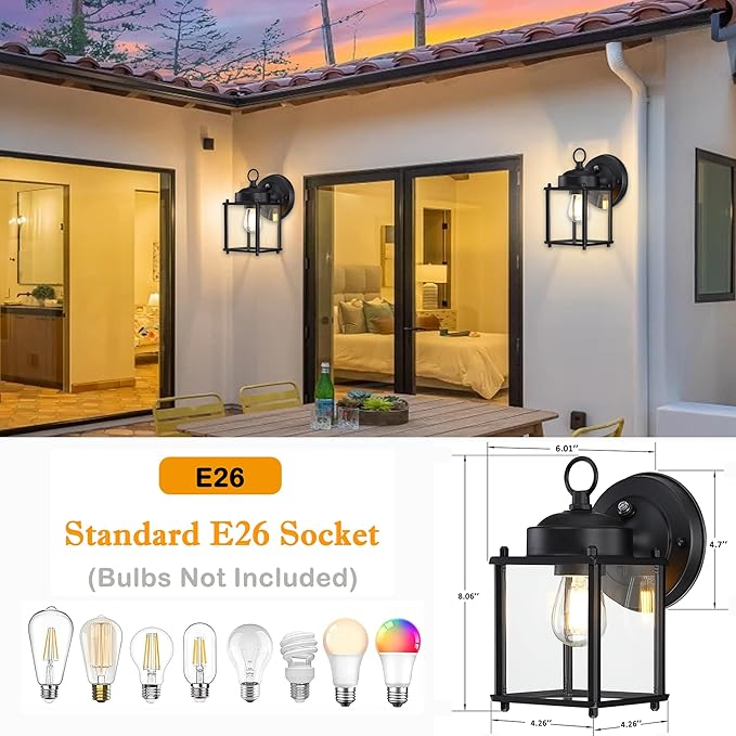 Dusk to Dawn Outdoor Wall Lantern, Exterior Waterproof Sconces Lighting Wall Mount, Front Porch Light, Anti-Rust Metal Outside Light Fixtures with Clear Glass, Matte Black, 4-Pack