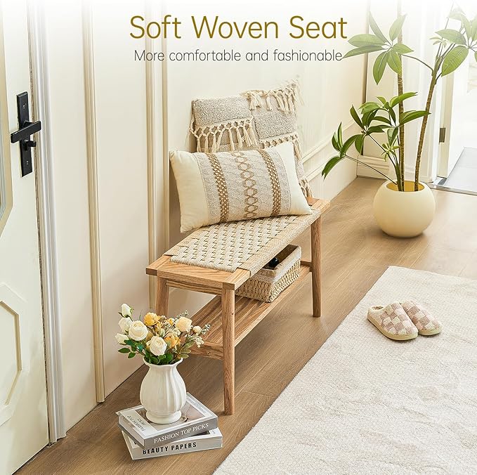 Solid Wood Narrow Bench with Storage, 33.46" Woven Bench for Entryway and Hallway, End of Bed Bench with Oak Frame, Boho Accent Bench (Natural White)