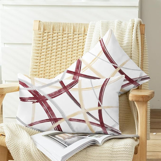 CaliTime Throw Pillow Cases Pack of 2 Cozy Fleece Arc-Shaped Abstract Geometric Lines Decorative Cushion Covers for Couch Bed Sofa Farmhouse Decoration 12 X 20 Inches Burgundy Dusty Pink Grey