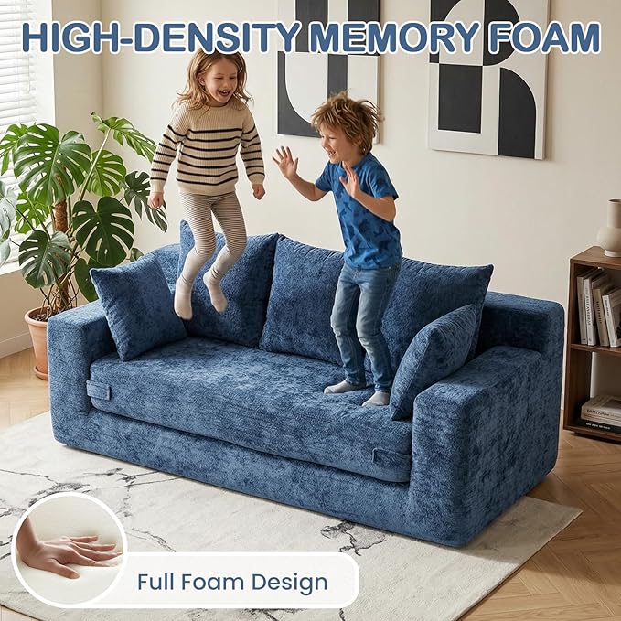 Boneless Couches 70", 3 Seater Boneless Couch with Pull Out Sofa Bed, Boneless Couch with 5 Pillows, Plush Velvet Sofa for Living Room & Bedroom, Blue