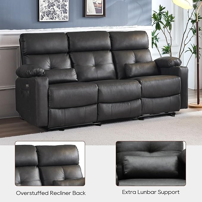 Power Reclining Sofa with Heat and Massage, Electric Reclining Couch with Extended Footrest, Wall Hugger Recliner Sofa 3 Seater with USB Ports & Cup Holders for Living Room, Bedroom