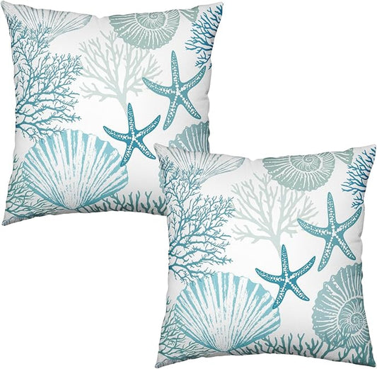 Nautical Coastal Blue Throw Pillow Covers 24x24 Set of 2 Summer Turquoise Teal Beach Outdoor Pillow Cover Coral Seashell Starfish Ocean Decorative Pillow Cases for Living Room Couch Sofa