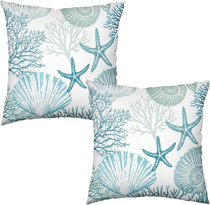 Nautical Coastal Blue Throw Pillow Covers 22x22 Set of 2 Summer Turquoise Teal Beach Outdoor Pillow Cover Coral Seashell Starfish Ocean Decorative Pillow Cases for Living Room Couch Sofa