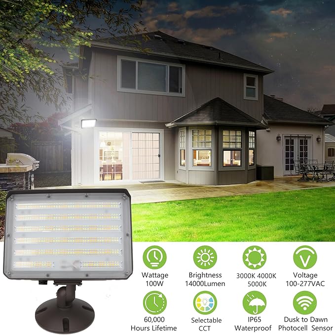 2Pack Dusk to Dawn Outdoor 100W LED Flood Light with Knuckle & Plate Mount, 3000K/4000K/5000K Color Selectable, ETL Commercial LED Security Lighting