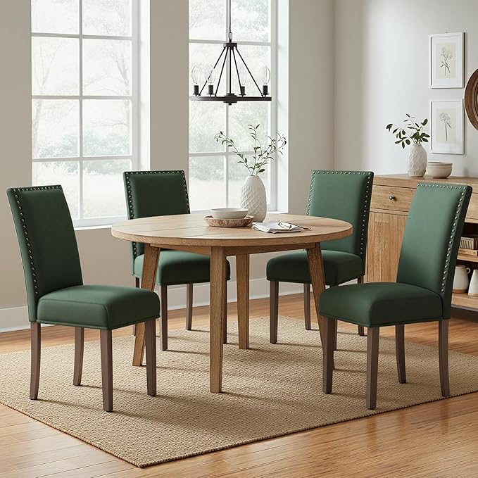 COLAMY Green Velvet Dining Chairs Set of 4 – Upholstered Kitchen & Dining Room Chairs with Nailhead Trim, Soft High-Density Cushion and Solid Wood Legs for Dining Room, Kitchen, Living Room