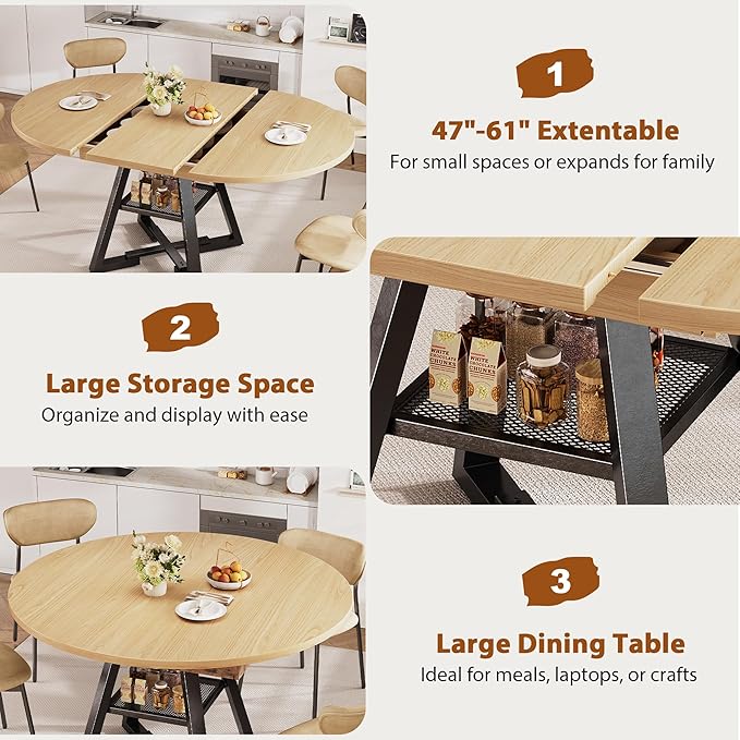 Round Dining Table Kitchen Dining Room Dinner Table for 4-6, Space Saving Extendable Oval Circle Furniture with Pedestal Base and Storage Shelf for Kitchen Living Room (Wood, for 6-8)