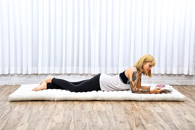 Leewadee Trifold Mattress Standard – Comfortable Thai Massage Pad, Foldable Floor Mattress Filled with Eco-Friendly Kapok, Perfect to Use as a Sleeping Mat 79 x 28 inches, Ecru