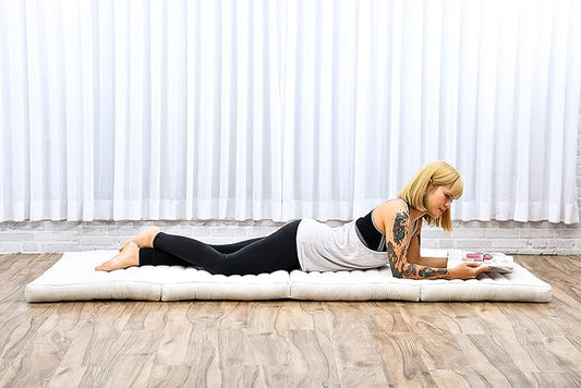 Leewadee Trifold Mattress Standard – Comfortable Thai Massage Pad, Foldable Floor Mattress Filled with Eco-Friendly Kapok, Perfect to Use as a Sleeping Mat 79 x 28 inches, Ecru