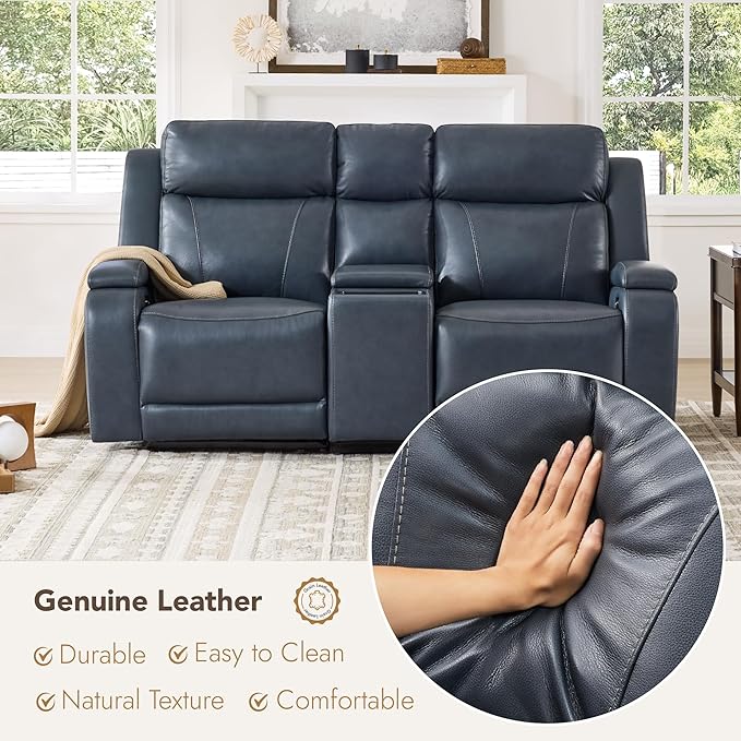 Watson & Whitely Genuine Leather Power Loveseat Recliner Sofa, Zero Gravity Reclining Sofa with Console, Power Headrest & Wireless Charging, Cup Holder, 2-Seater Recliner for Living Room, Navy Blue
