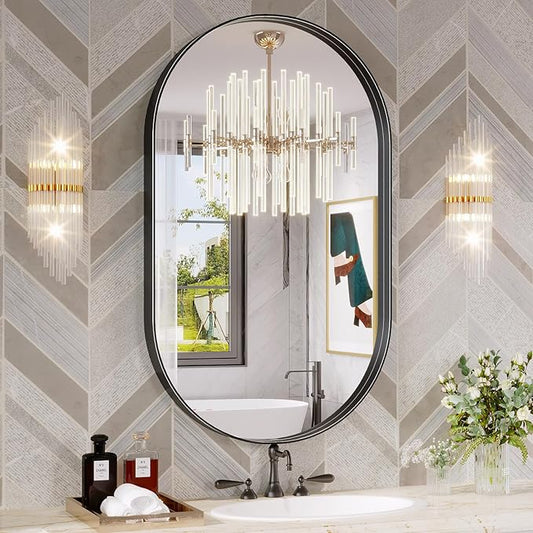 Oval Mirror, 24"×40" Black Bathroom Mirror, Oval Mirror for Bathroom, Black Vanity Mirror for Wall, Entryway, Living Room, Wall Mount Mirrors Hangs Vertical or Horizontal