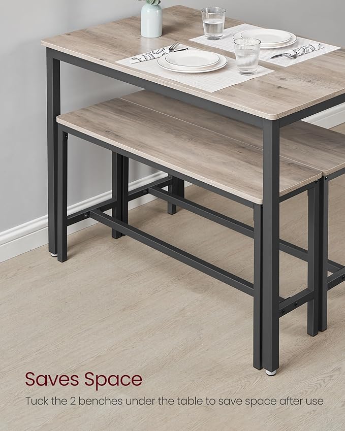 VASAGLE Dining Table Set for 4, Kitchen Table with 2 Benches, 43.3 x 27.6 x 29.5 Inches Dining Room Table, 38.2 x 11.8 x 19.7 Inches Bench, Heather Greige and Ink Black UKDT070B02