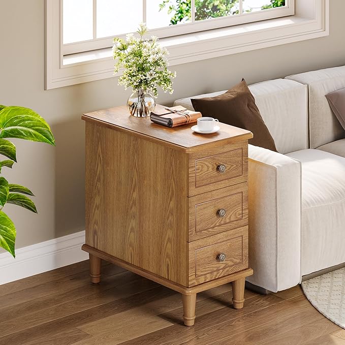 LITTLE TREE Fully Assembled End Table, Narrow Bedside Table with 3 Drawers, Vintage Nightstand for Small Spaces, Living Room, Bedroom, Natural Color
