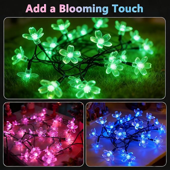 60 LED Solar String Lights Outdoor Waterproof Flower Fairy Lights for Garden Fence Patio Yard Christmas Tree Lawn Wedding Party Decor, Green