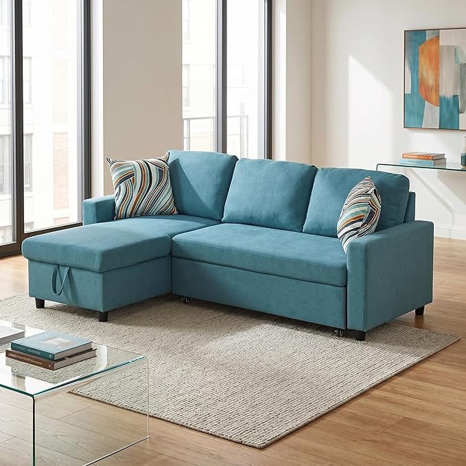 Pull Out Couch, L Shaped Sectional Couch with Pull Out Bed, Convertible Sofa Bed with Storage Chaise, Queen Size Sleeper Sofa, Sofa Bed Couch, Sleeper Sofa with Storage, Blue