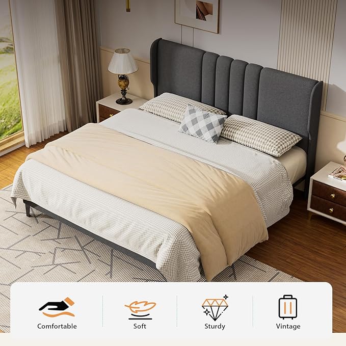 GTPLAYER Full Size Bed Frame, Upholstered Platform Bed Frame with Tall Headboard Wingback, Soft Velvet Fabric, No Box Spring Needed, Easy Assembly, Dust Grey