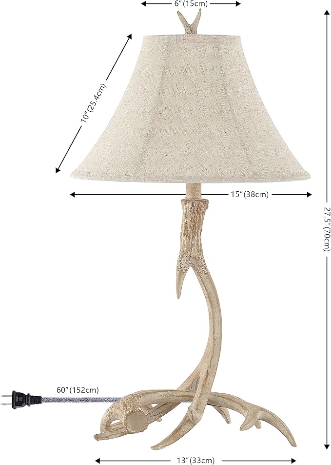 JONATHAN Y 27.5" Beige Antler Rustic Resin Table Lamp for Living Room Bedroom, Light Grey Linen Shade, Farmhouse Lodge Nightstand Lamp, LED Bulb Included (JYL6305B)