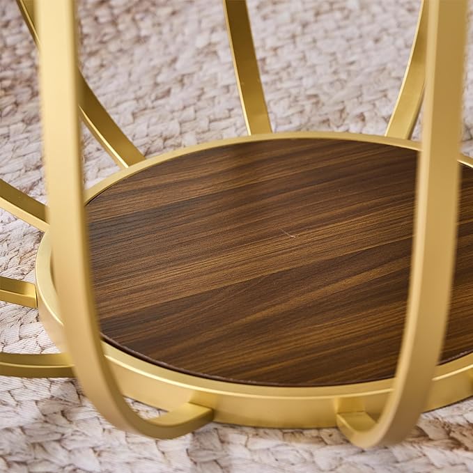 Saint Mossi Glass Round Coffee Table for Living Room, Modern 2-Tier Gold Drum Center Table, Brown Glass Top, Walnut Shelf with Gold Finish Legs & Frame, W30xH16.5