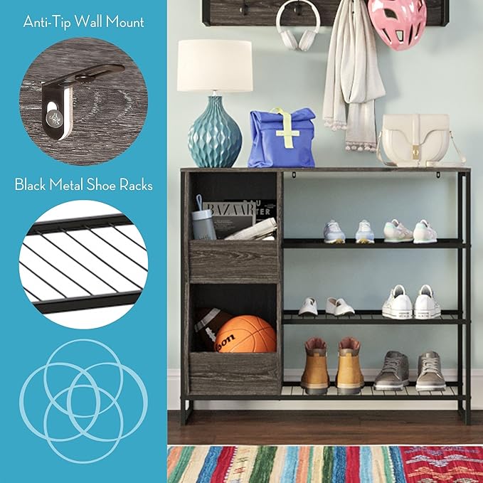 RiverRidge Afton 3-Tier Shoe Organizer with Storage Bins, Holds 6-9 Pairs - Sturdy Shoe Storage Organizer with Metal Frame Shoe Rack for Entryway