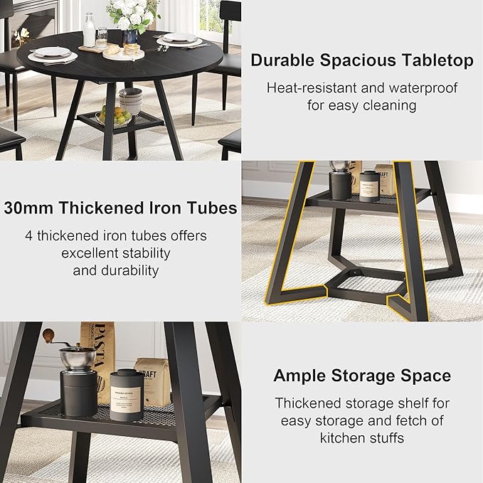 Round Dining Table for 4, Kitchen Tables Dining Room Circle Dinner Table with Pedestal Metal Frame, Space Saving Wood Industrial Kitchen & Dining Room Tables, Black 47In