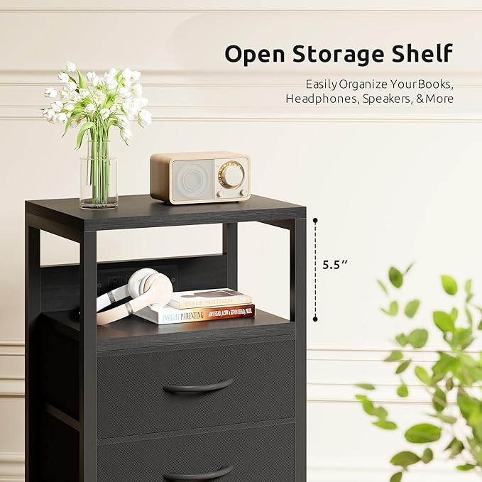 NightStand Bedside Charging Table Bedroom - Night Stand with Charger Station, Black Modern Bed Side End Table with Open Shelf & 3 Fabric Drawers, USB-C Port for Dorm, Living Room