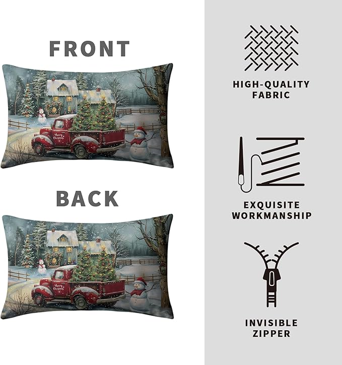 Christmas Lumbar Pillow Covers 12x20 Red Truck with Christmas Trees Snowman Rectangle Pillow Case Xmas Holiday Waist Cushion Case for Bedding Couch Patio Bench Set of 2