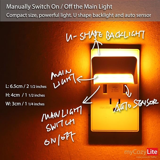 myCozyLite Amber Night Light Plug in, Dual Light Modes Adjustable, Dusk to Dawn Sensor, Automatic ON Off, 2 Pack Night Lights Plug into Wall for Bedroom, Bathroom, Kitchen, Hallway, Stairway
