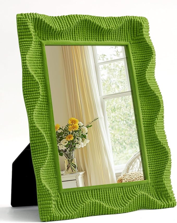 Nature-Inspried Mirror Wall Decor for Bedroom Hallway Guest Room, 7.5x5.7 Decorative Makeup Mirror with Flocking Finish for Desk Gallery Wall, Warm Gift for New Homeowners (Lawn Green)