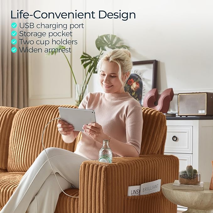 LINSY HOME Loveseat Sofa with Storage - Comfy Plush Corduroy 2 Seater Sofa with USB Charging & Cup Holders, Deep Seat Love Seat for Small Spaces Living Room Bedroom Apartment, Brown