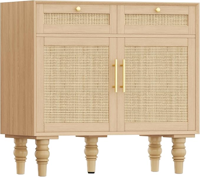 35.4" Rattan Buffet Sideboard Cabinet with Storage, Boho Buffet Table with Adjustable Shelf & 2 Drawer, Floor Storage Cabinet with Solid Wood Legs for Kitchen, Dining Room and Living Room, Natural