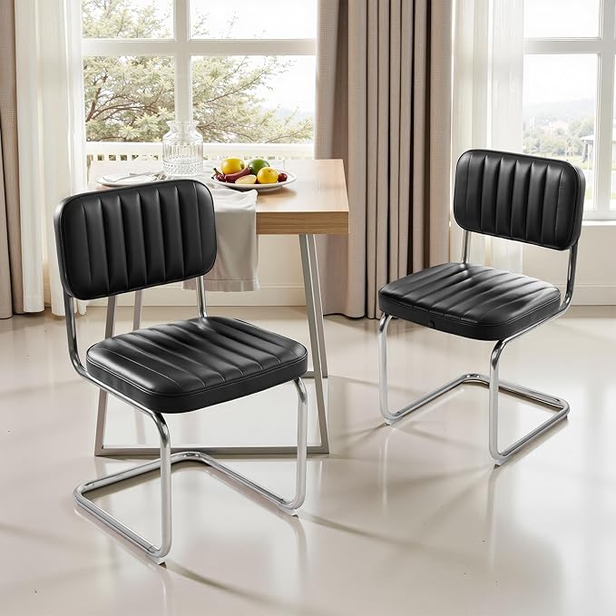 CangLong Faux Leather Dining Chairs Set of 2, Modern Upholstered Dining Room Chairs Armless Accent Chairs with Comfy Seat & Backrest, Black Metal Legs for Living Room, Cafe, Black